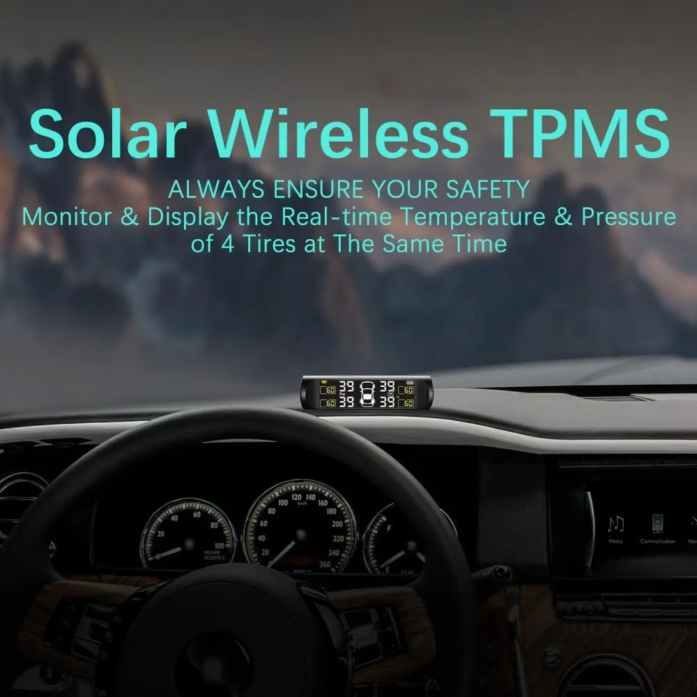 Solar Power Car Tire Pressure Monitoring Tool, TPMS with 4 External sensors & 5 Alarm Modes, LCD Real-time Display, Auto Sleep Mode, Easy to Install